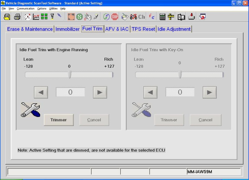 Idle Fuel Trim screen